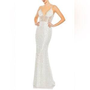 Mac Duggal Sequin & Rhinestone Plunge‎ Neck Trumpet Gown Open Back White Size 4